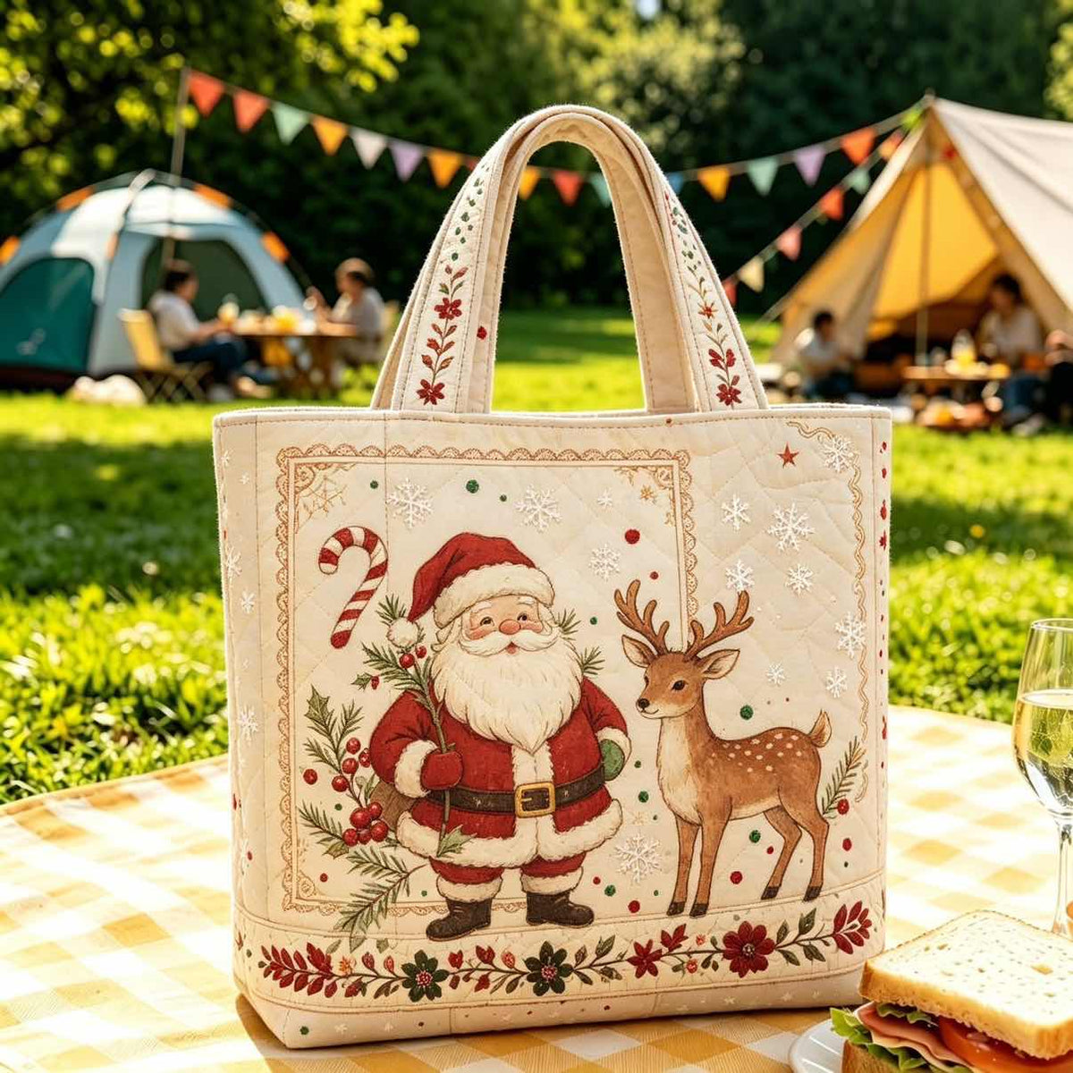 Christmas Quilted Tote Bag – Festive Embroidered Holiday Handbag