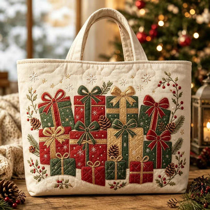 Christmas Quilted Tote Bag – Festive Embroidered Holiday Handbag
