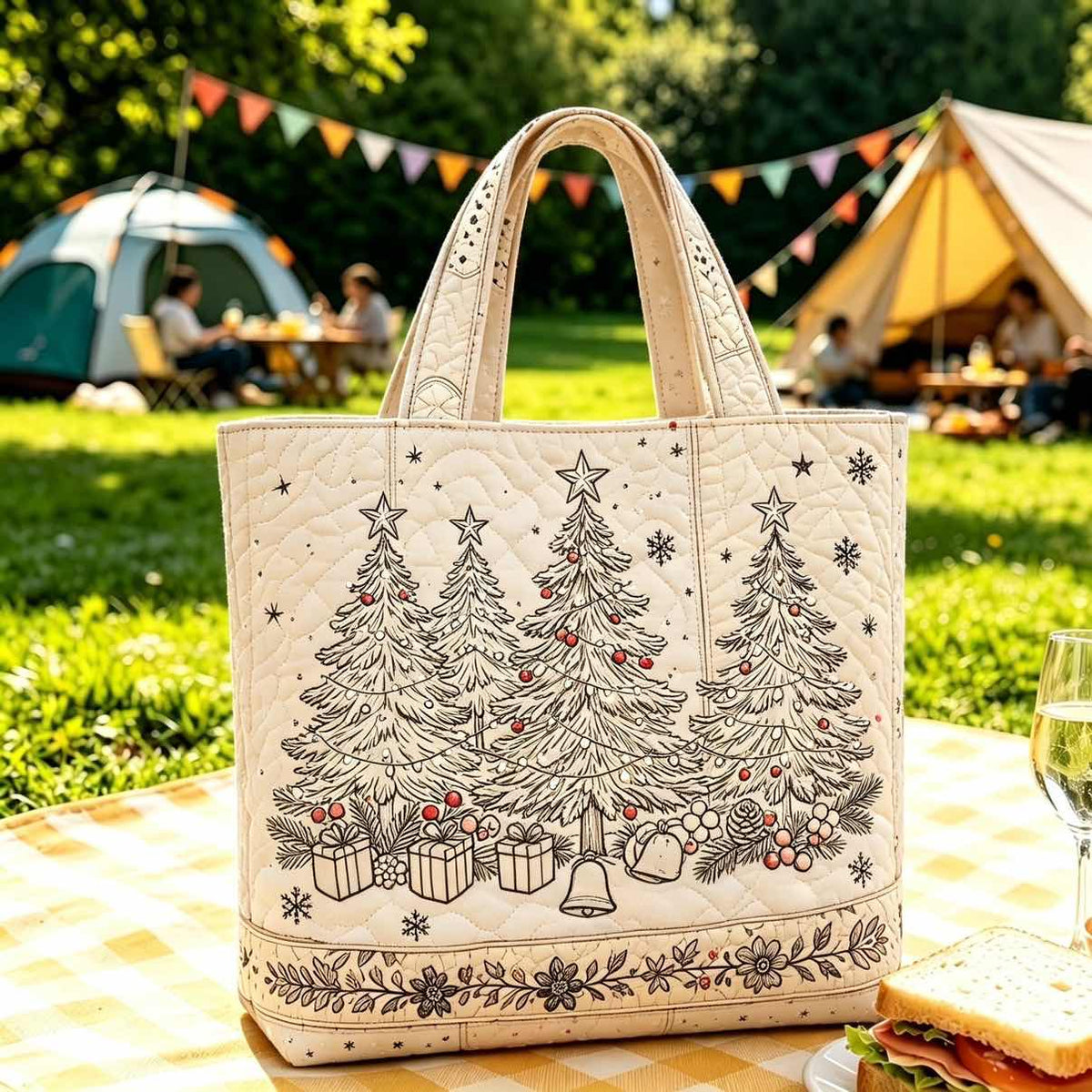 Christmas Quilted Tote Bag – Festive Embroidered Holiday Handbag