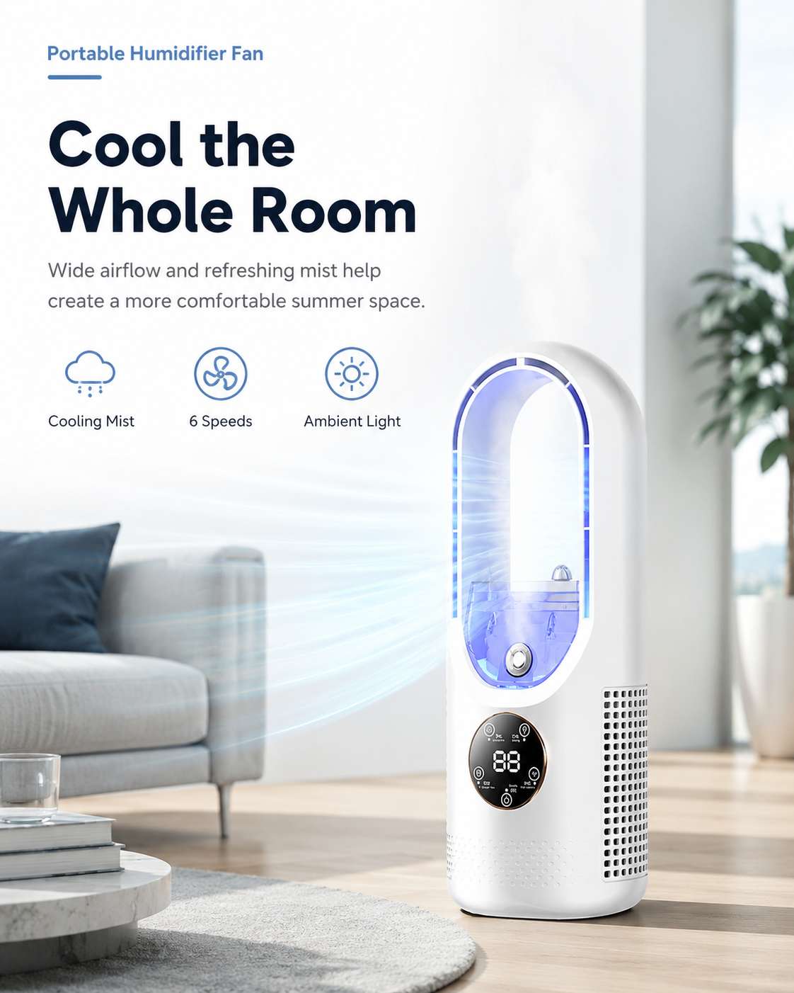 Portable Bladeless Humidifier Fan with Cooling Mist & 6 Speeds