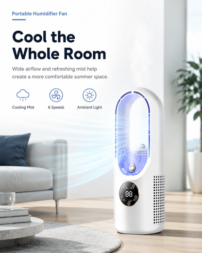 Portable Bladeless Humidifier Fan with Cooling Mist & 6 Speeds