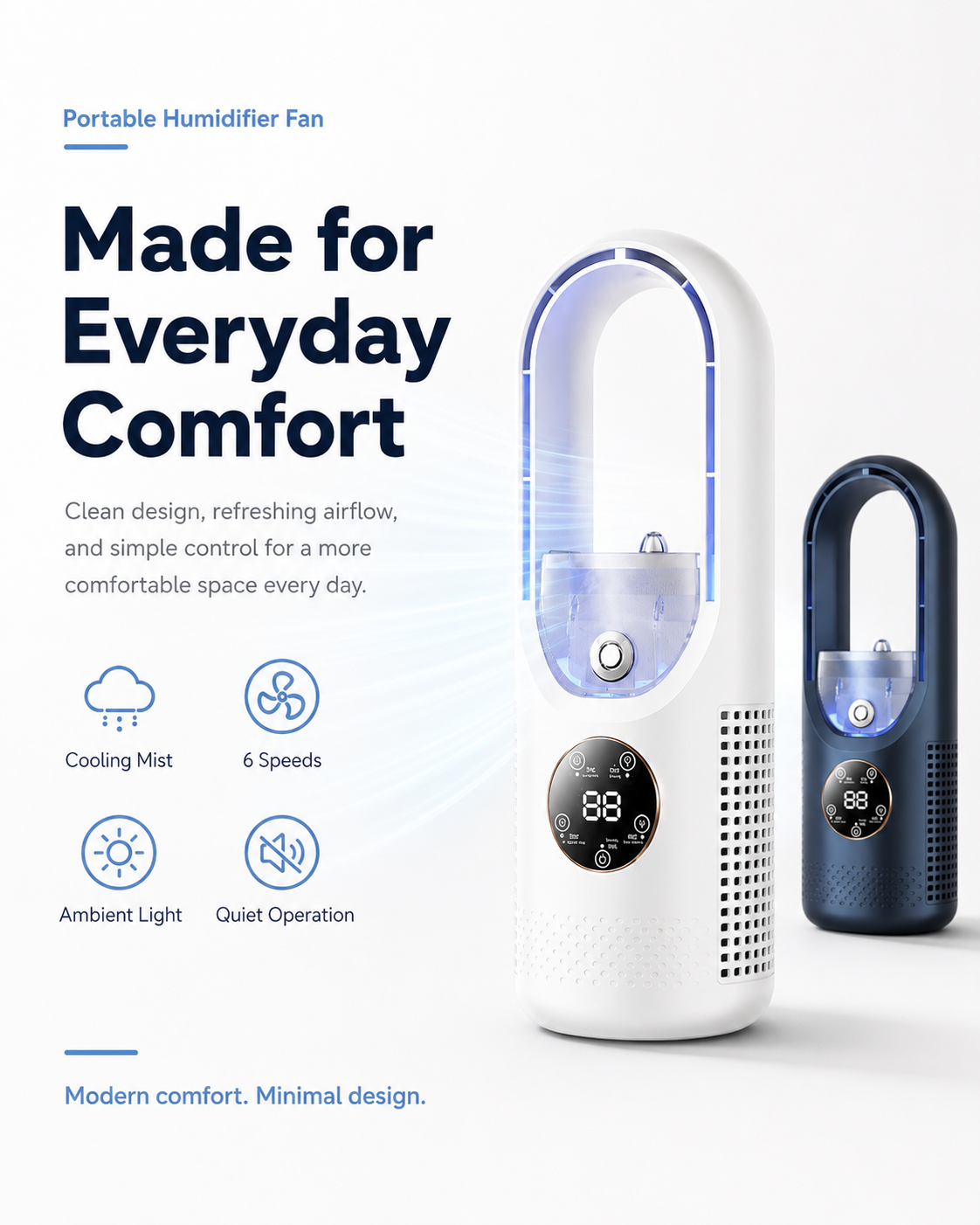 Portable Bladeless Humidifier Fan with Cooling Mist & 6 Speeds