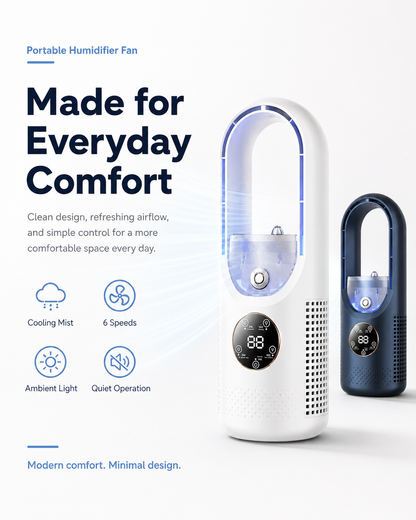 Portable Bladeless Humidifier Fan with Cooling Mist & 6 Speeds