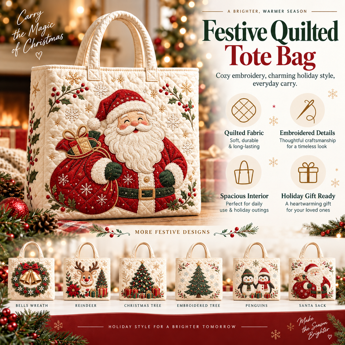 Christmas Quilted Tote Bag – Festive Embroidered Holiday Handbag