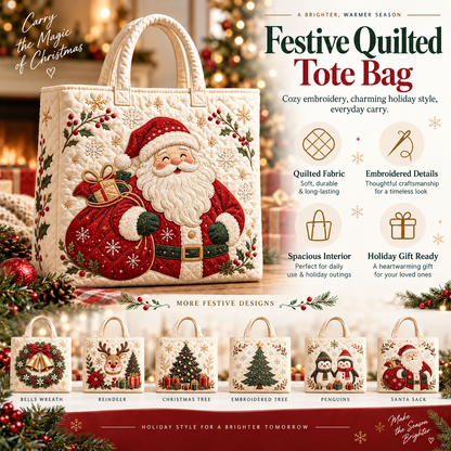 Christmas Quilted Tote Bag – Festive Embroidered Holiday Handbag