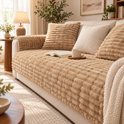 Plush Ribbed Sofa Cover – Soft Textured Couch Throw