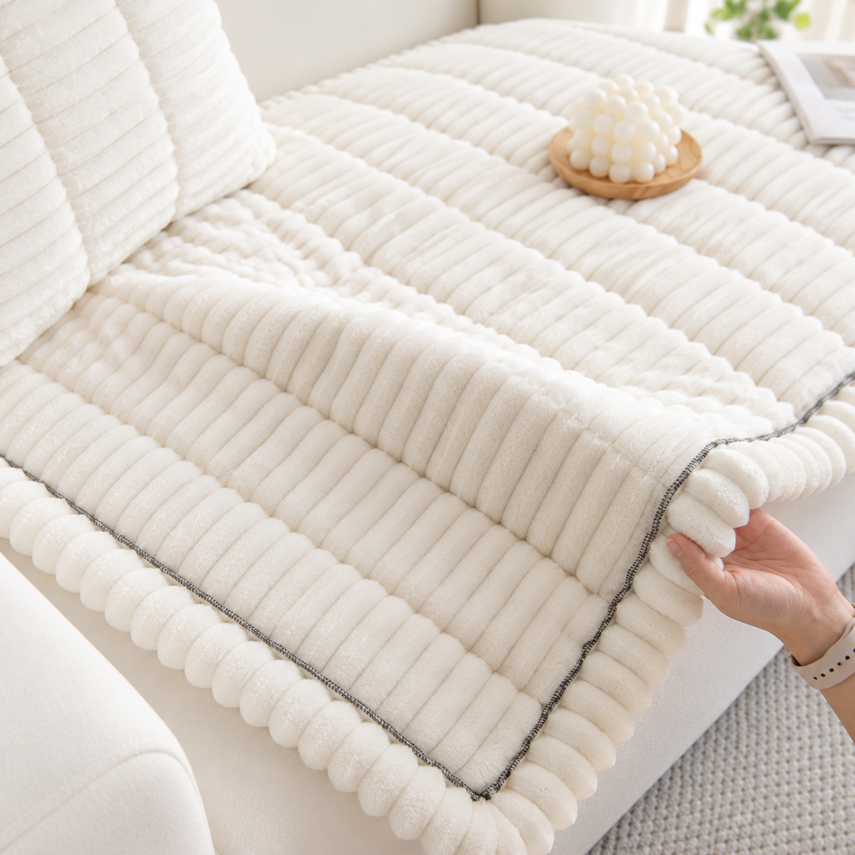 Plush Ribbed Sofa Cover – Soft Textured Couch Throw