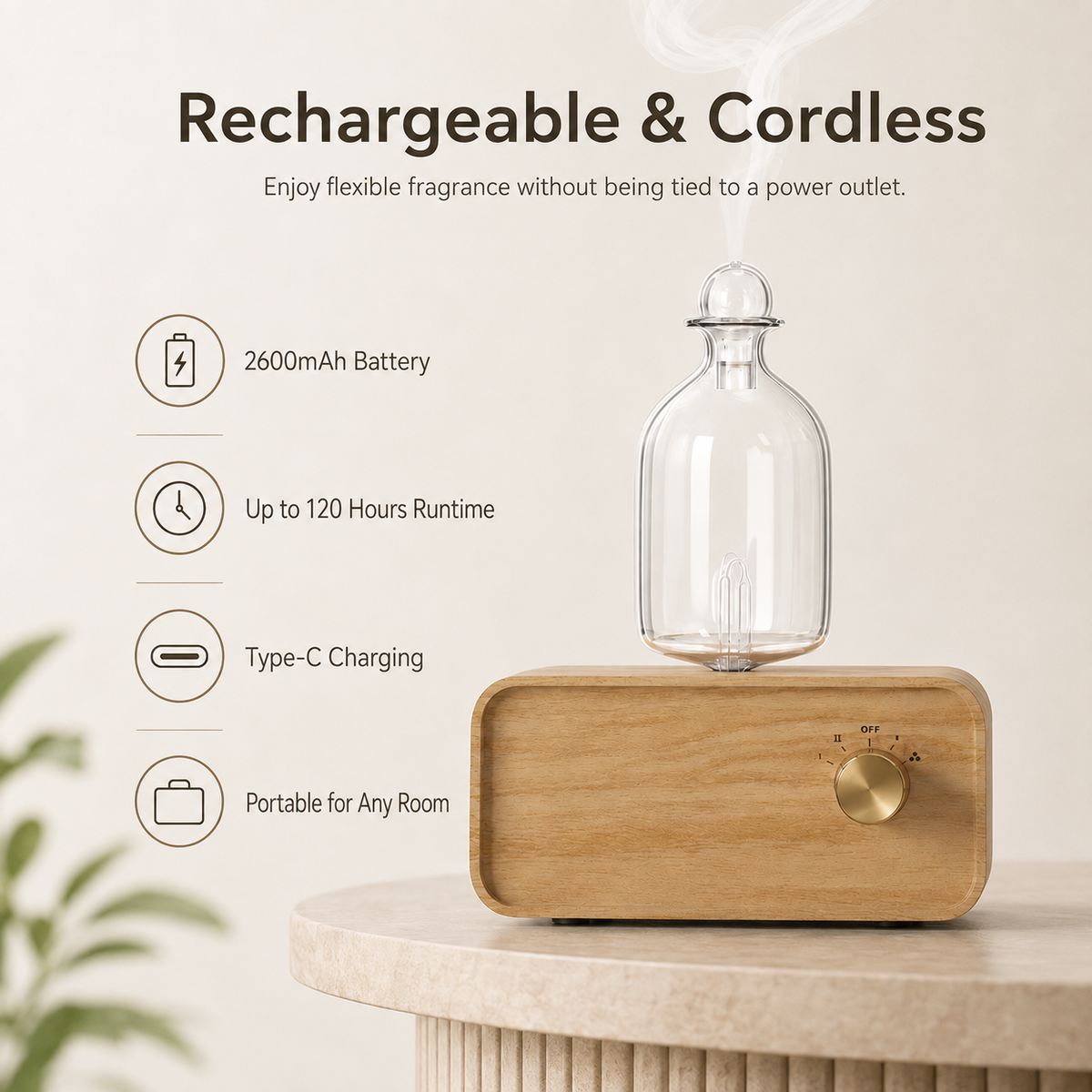 Rechargeable Waterless Essential Oil Diffuser – Glass & Wood Design