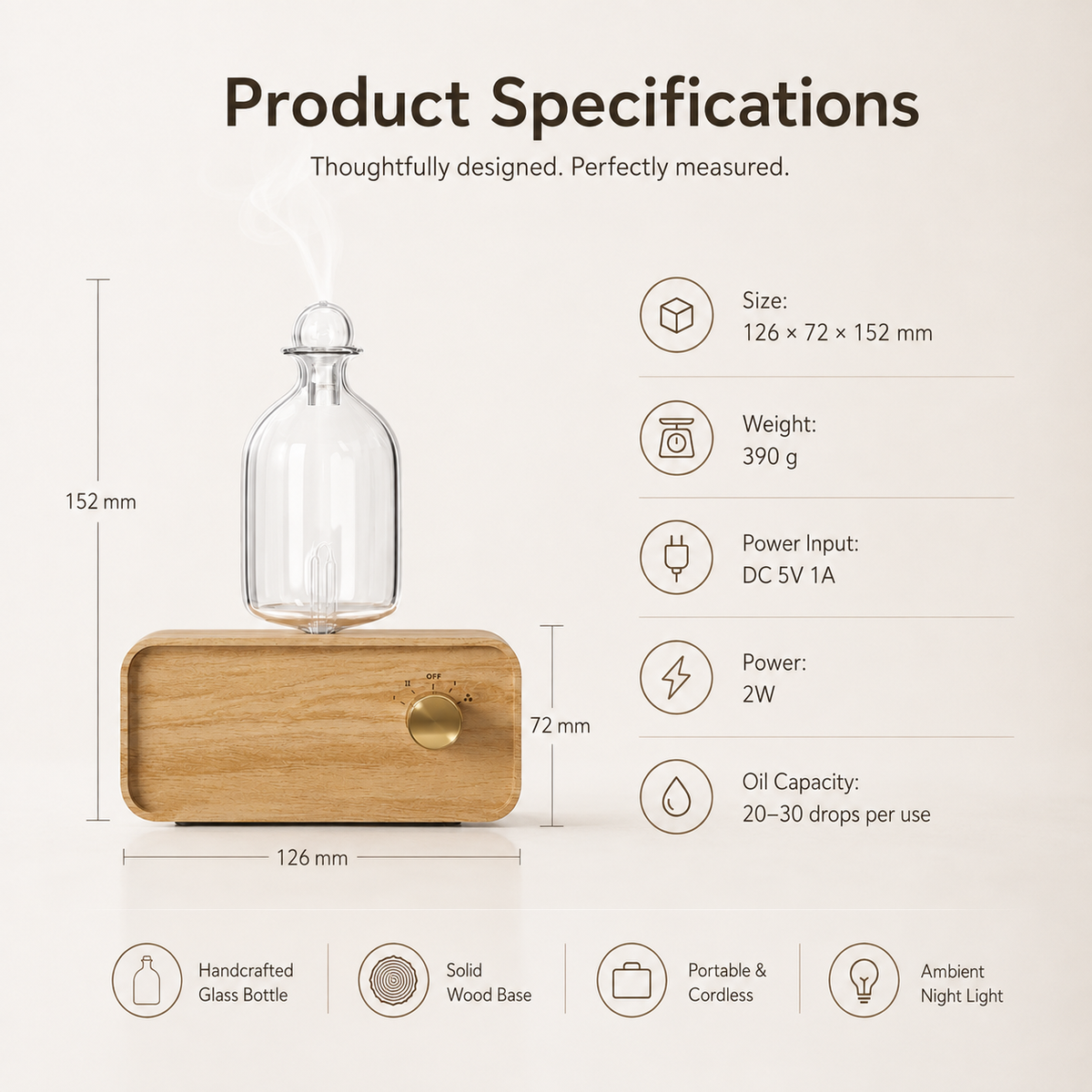 Rechargeable Waterless Essential Oil Diffuser – Glass & Wood Design