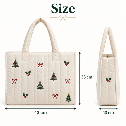 Christmas Quilted Tote Bag – Festive Embroidered Holiday Handbag