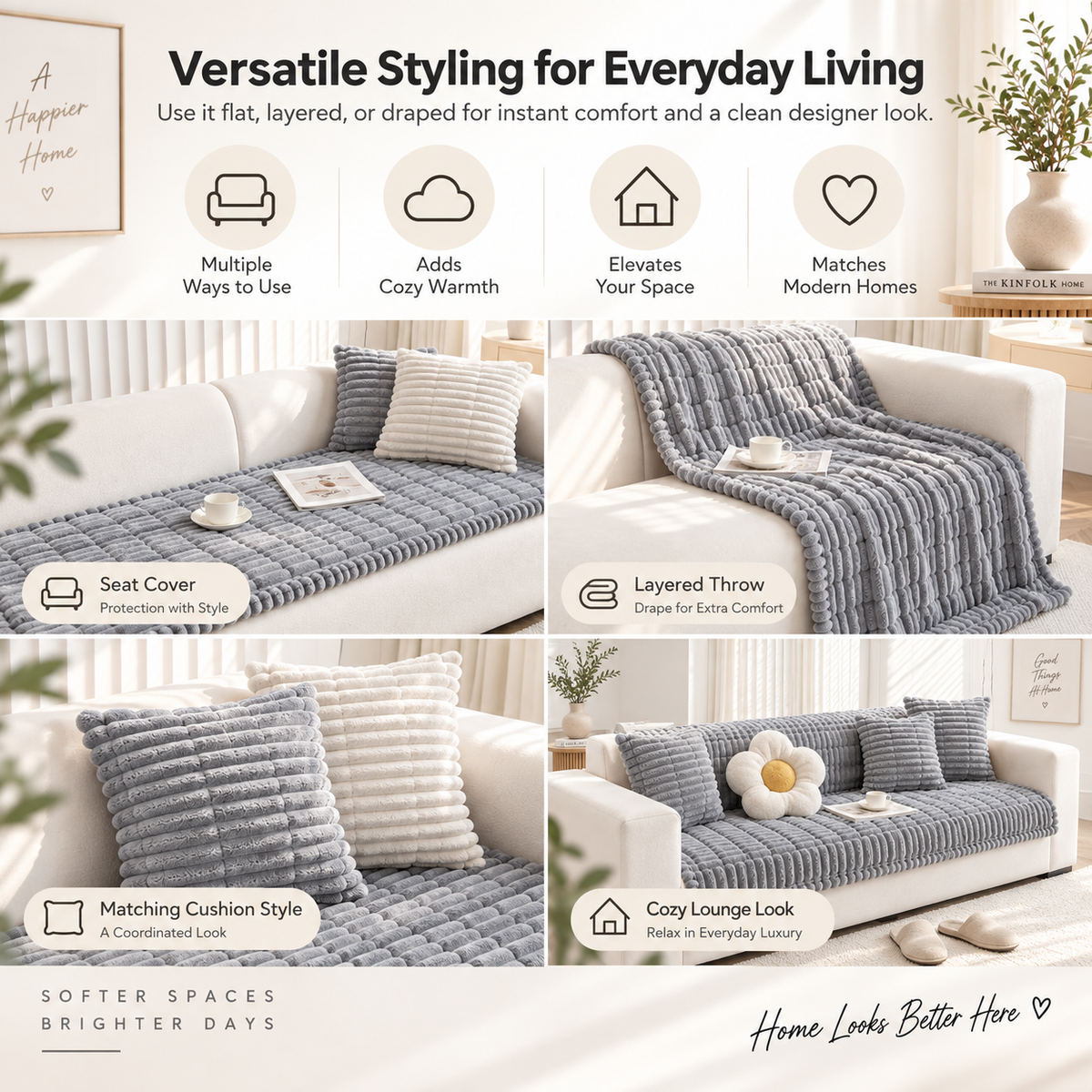 Plush Ribbed Sofa Cover – Soft Textured Couch Throw