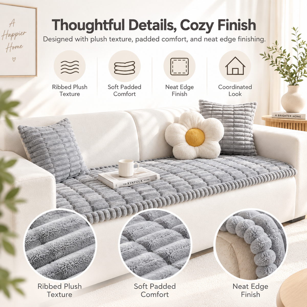 Plush Ribbed Sofa Cover – Soft Textured Couch Throw