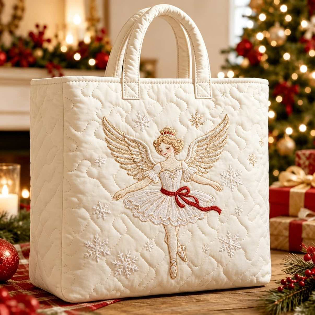 Christmas Quilted Tote Bag – Festive Embroidered Holiday Handbag