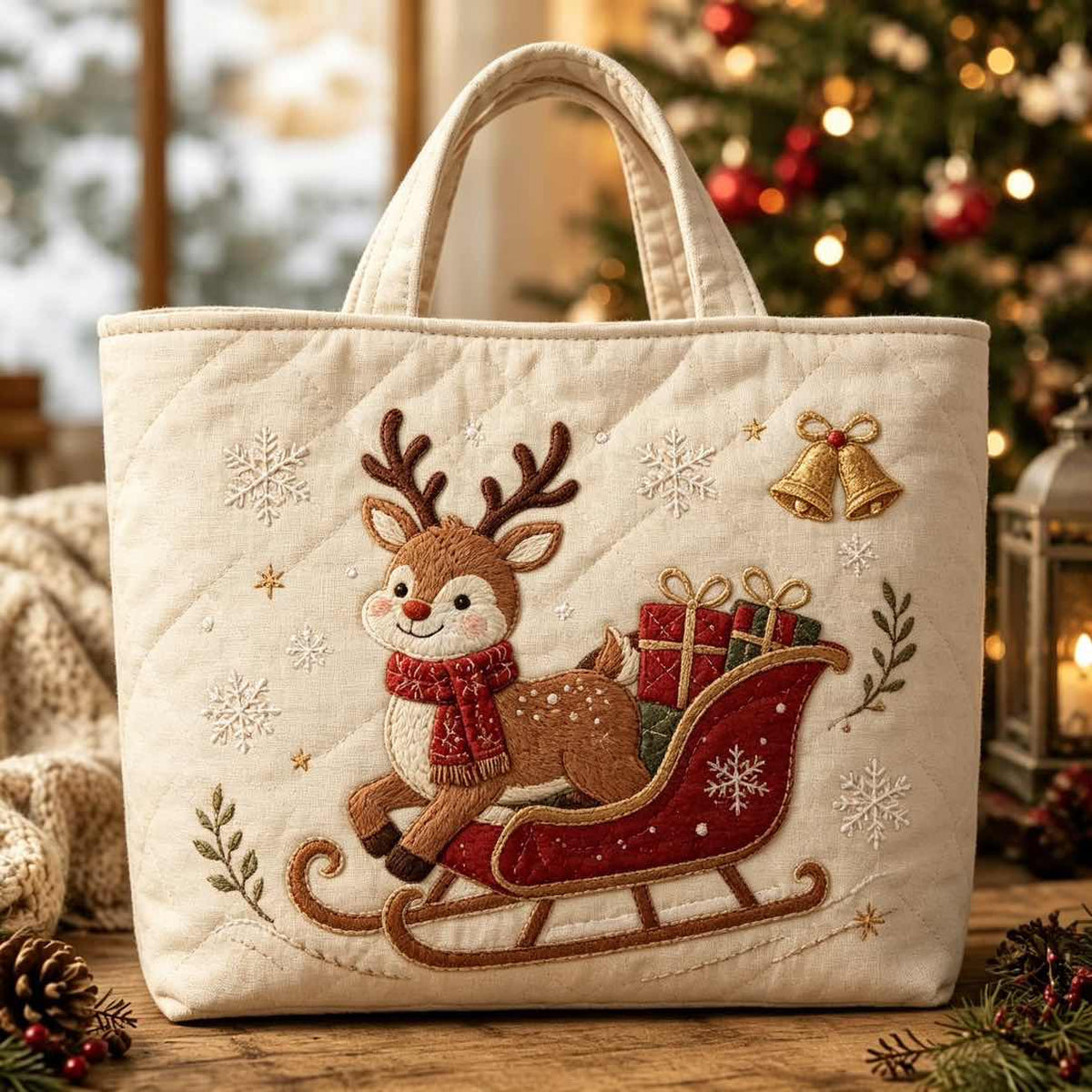 Christmas Quilted Tote Bag – Festive Embroidered Holiday Handbag