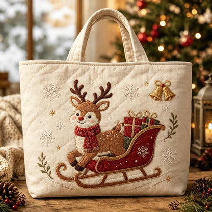Christmas Quilted Tote Bag – Festive Embroidered Holiday Handbag