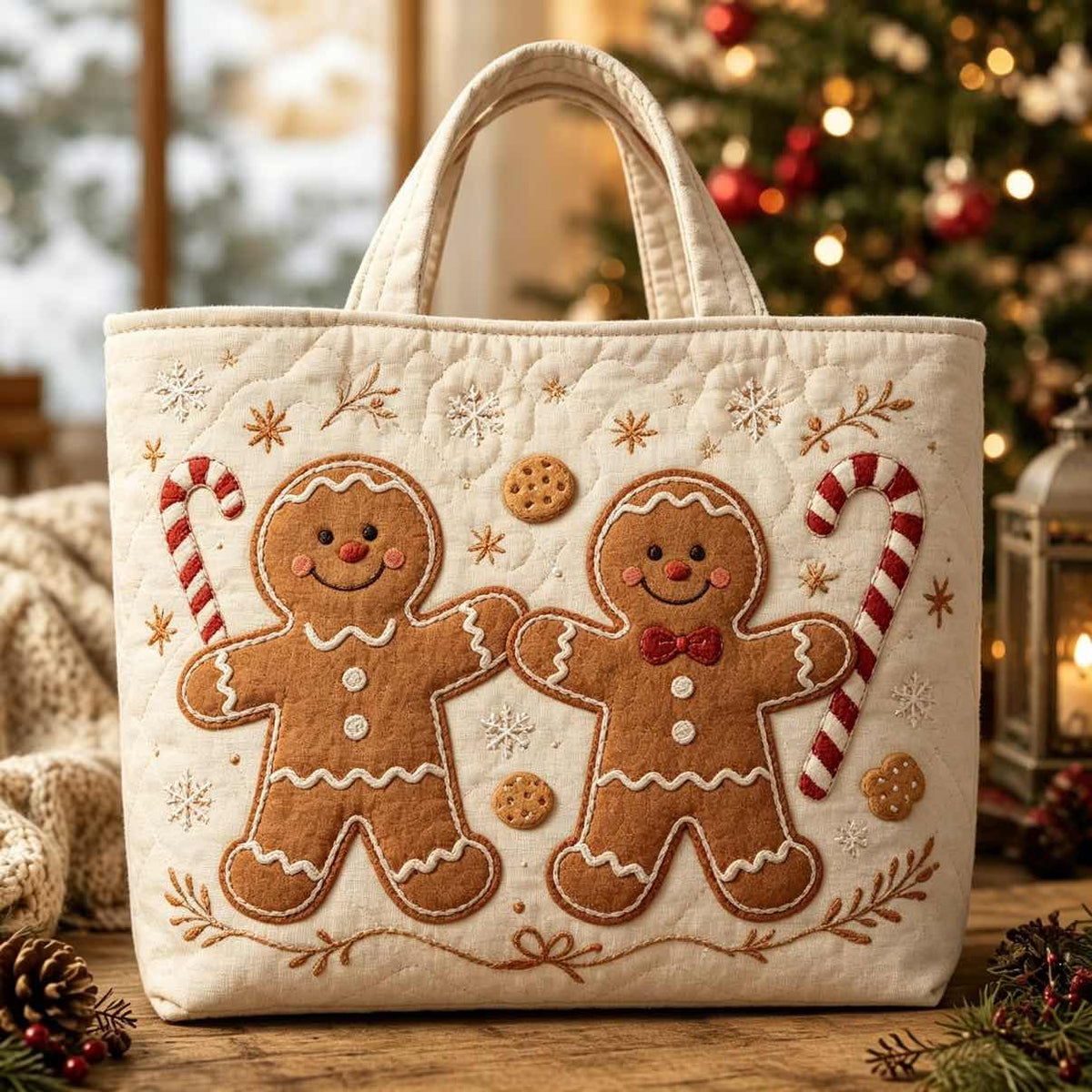 Christmas Quilted Tote Bag – Festive Embroidered Holiday Handbag