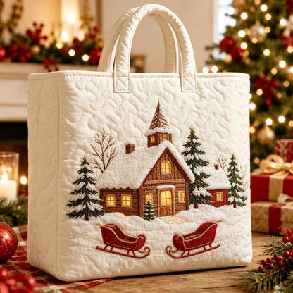 Christmas Quilted Tote Bag – Festive Embroidered Holiday Handbag
