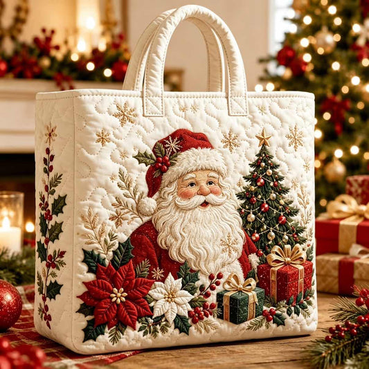 Christmas Quilted Tote Bag – Festive Embroidered Holiday Handbag