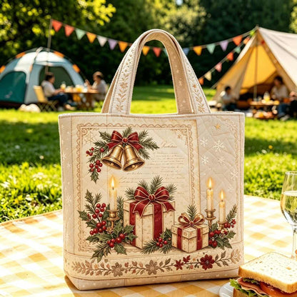 Christmas Quilted Tote Bag – Festive Embroidered Holiday Handbag