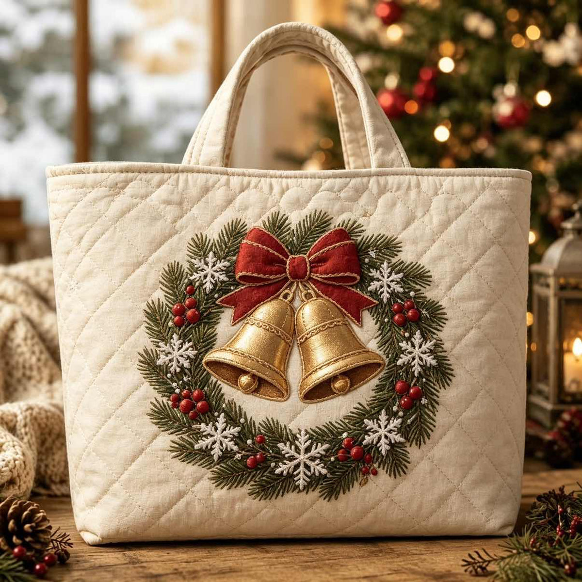 Christmas Quilted Tote Bag – Festive Embroidered Holiday Handbag