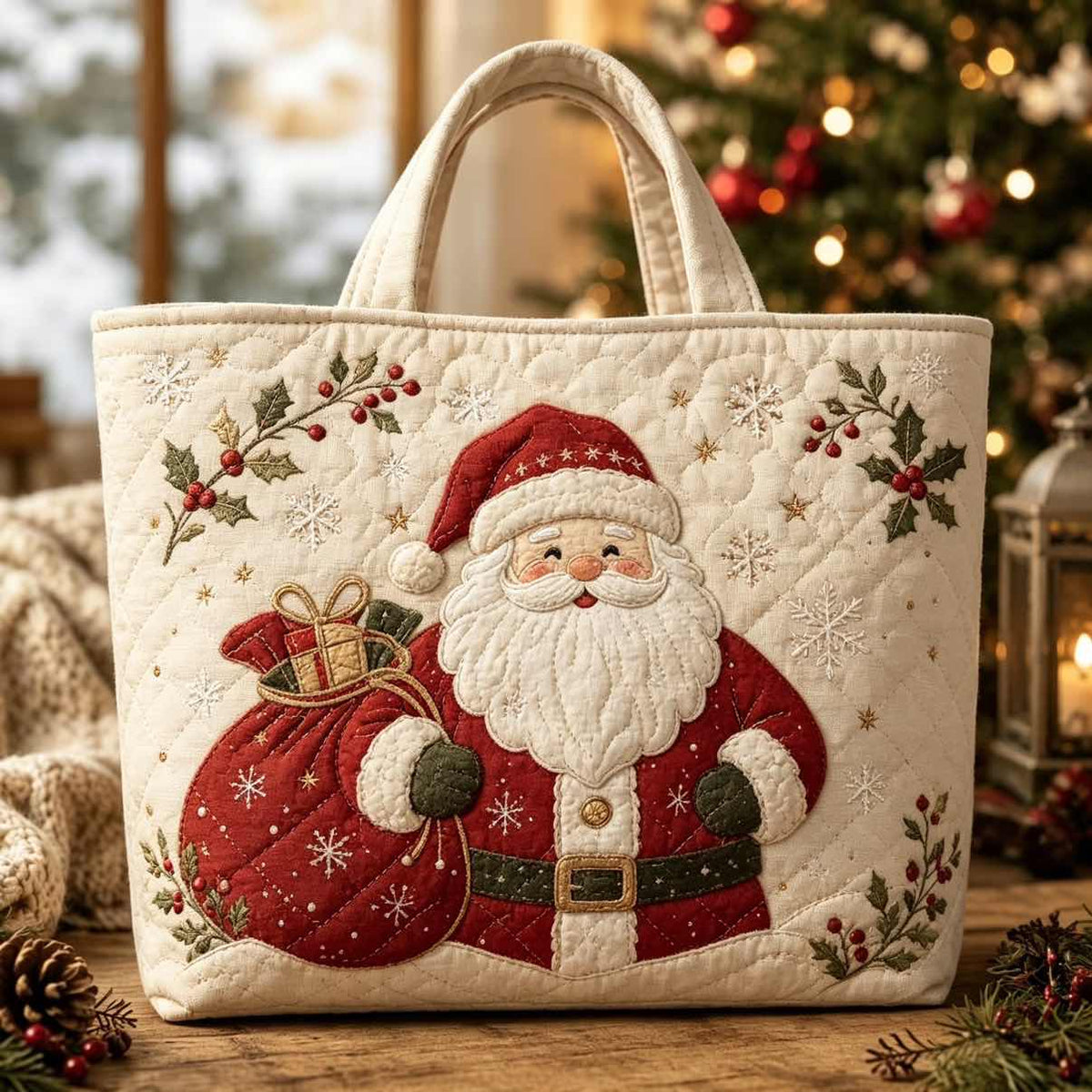 Christmas Quilted Tote Bag – Festive Embroidered Holiday Handbag
