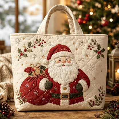 Christmas Quilted Tote Bag – Festive Embroidered Holiday Handbag