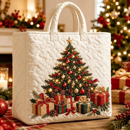 Christmas Quilted Tote Bag – Festive Embroidered Holiday Handbag