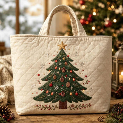 Christmas Quilted Tote Bag – Festive Embroidered Holiday Handbag