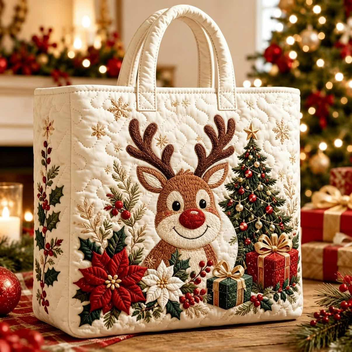 Christmas Quilted Tote Bag – Festive Embroidered Holiday Handbag